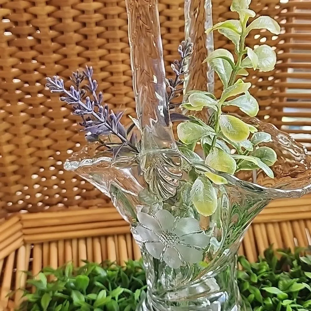 Vintage Etched Glass Floral Bride's Basket With Handle Coquette Bridal